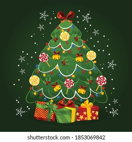 flat design christmas tree with gifts	