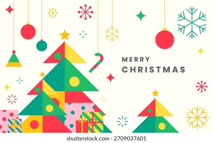 Flat Design Christmas Tree and Gifts with Colorful Decorations and Snowflakes Background, Illustration vector 10 eps