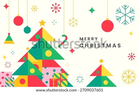 Flat Design Christmas Tree and Gifts with Colorful Decorations and Snowflakes Background, Illustration vector 10 eps
