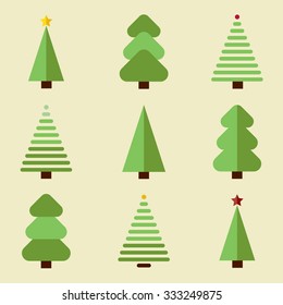 Flat design christmas tree set. Set of green christmas tree with decoration.

