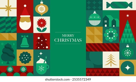 Flat design Christmas wallpaper. Festive background for season celebration with ornaments. Seamless Xmas design.