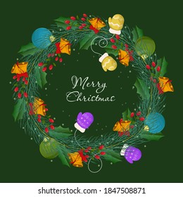 Flat design christmas wreath concept. Christmas wreath made of pine branches decorated with Christmas toys. Festive background for design of holiday flyers and banners. Vector illustration