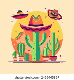 Flat Design of Cinco De Mayo Celebration in Mexico with Cowboy Hat Cactus