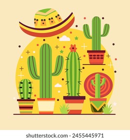 Flat Design of Cinco De Mayo Celebration in Mexico with Cowboy Hat Cactus