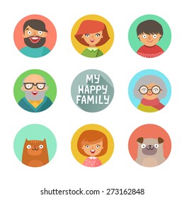 Flat Design Circular Icons Collection Of Family Members Avatars: Mom, Dad, Son, Daughter, Grandmother, Grandfather, Dog And Cat. Vector Colorful Illustrations In Flat Style