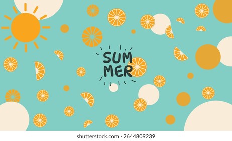 Flat Design Citrus Orange Slice and Sun Illustration for Summer Holiday Seamless Background