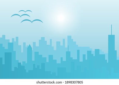 Flat design city with blue color gradation. White shinning and birds.