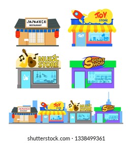 Flat design of city building. Japanese restaurant, toy shop, music store, sport shop.