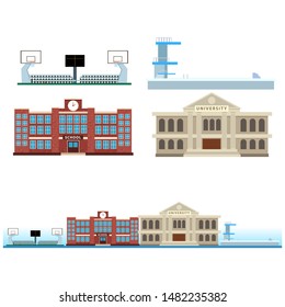 Flat design of city building. school. university. Basketball court. swimming pool.