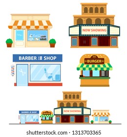 Flat design of city building.bakery shop, cinema building, barber shop, burger shop.