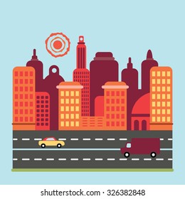 Flat design city illustration with road, cars and sun. vector