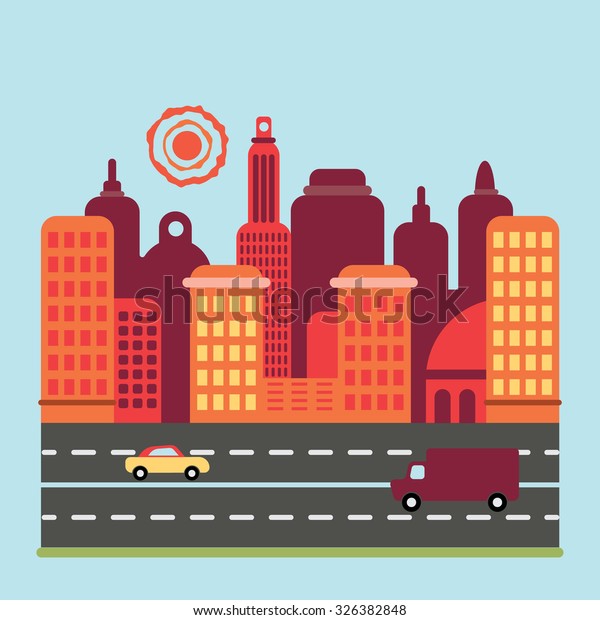 Flat design city illustration with road, cars and\
sun. vector