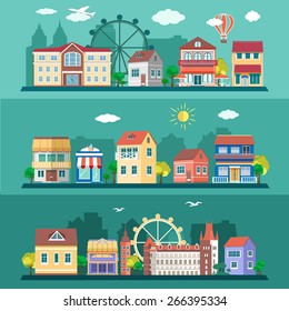 Flat design city landscapes set. Vector illustration