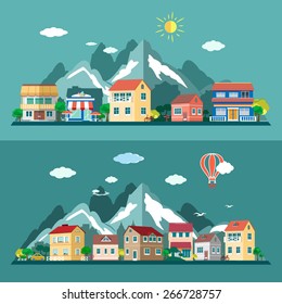 Flat design city landscapes set. Vector illustration