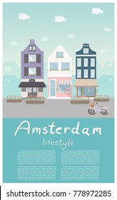 Flat design city of The Netherlands style with building, flower shop, cafe and bicycle. Vector illustration. 