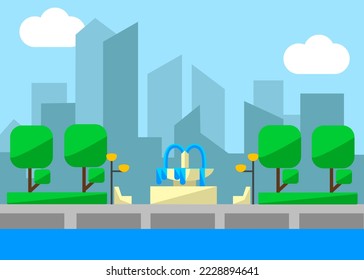 Flat Design City Park building fountain with trees