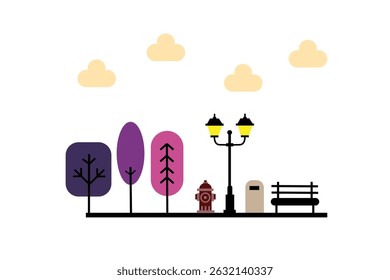Flat design city park illustration. Minimalist flat design illustration of a city park during daytime, featuring geometric trees, street lamps, and a bench. Bright and clean atmosphere.