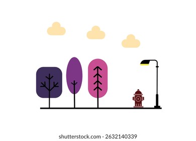 Flat design city park illustration. Minimalist flat design illustration of a city park during daytime, featuring geometric trees, street lamps, and a bench. Bright and clean atmosphere.
