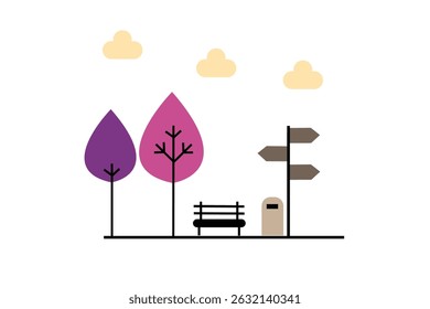 Flat design city park illustration. Minimalist flat design illustration of a city park during daytime, featuring geometric trees, street lamps, and a bench. Bright and clean atmosphere.