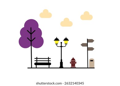 Flat design city park illustration. Minimalist flat design illustration of a city park during daytime, featuring geometric trees, street lamps, and a bench. Bright and clean atmosphere.