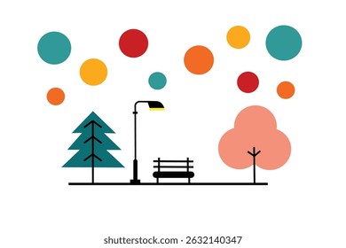 Flat design city park illustration. Minimalist flat design illustration of a city park during daytime, featuring geometric trees, street lamps, and a bench. Bright and clean atmosphere.