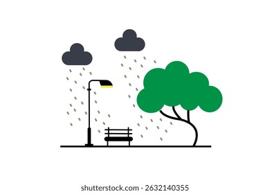 Flat design city park illustration. Minimalist flat design illustration of a city park during daytime, featuring geometric trees, street lamps, and a bench. with a rain feel.