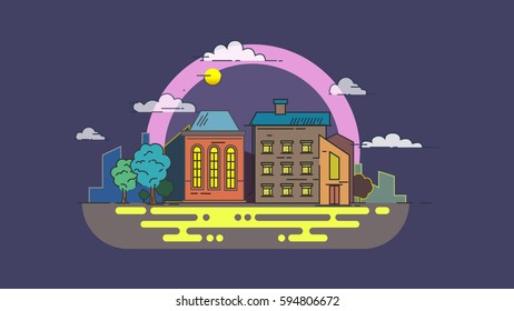 Flat design city scape with minimalist elements at night