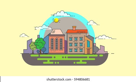 Flat design city scape with minimalist elements at day