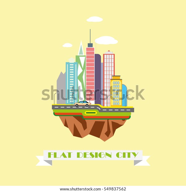 Flat\
design city scape,island with road and\
skyscrapers