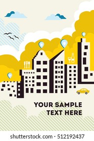 Flat design city and town with markers.