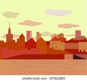 Flat Design City Vector Illustration. Sunset. Architecture, skyline, flat design. city on the river