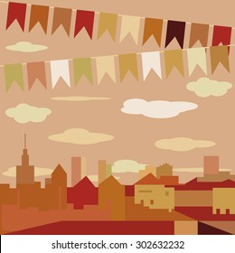 Flat Design City Vector Illustration. Sunset. Architecture, skyline, flat design. city on the river.bright night the background with colonial houses, lights and colored flags. Festival