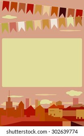 Flat Design City Vector Illustration. Sunset. Architecture, skyline, flat design. city on the river.bright night the background with colonial houses, lights and colored flags. Festival