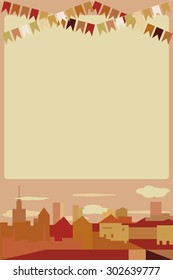 Flat Design City Vector Illustration. Sunset. Architecture, skyline, flat design. city on the river.bright night the background with colonial houses, lights and colored flags. Festival