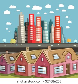 Flat Design City Vector Illustration with Houses