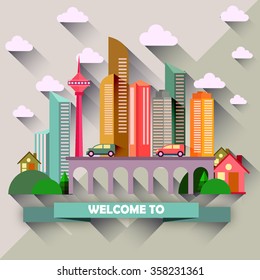 Flat design city vector illustration