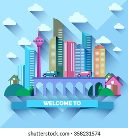 Flat design city vector illustration