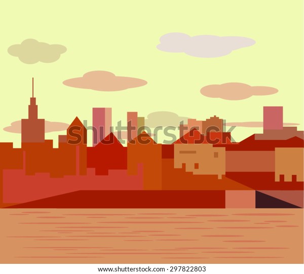 Flat Design City Vector\
Illustration. Sunset. Architecture, skyline, flat design. city on\
the river