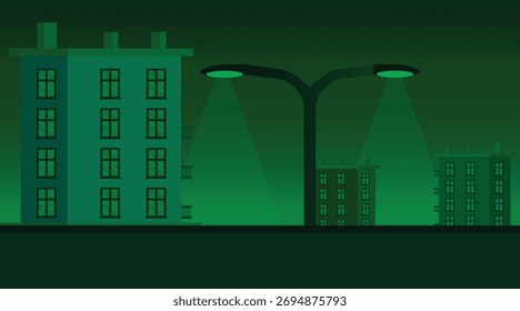 Flat Design Cityscape With Green Buildings And Streetlights At Night