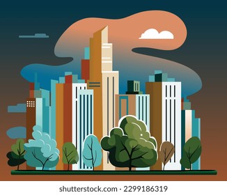 Flat design cityscape at night evening