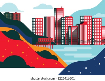 FLAT DESIGN CITYSCAPE ON LAKE