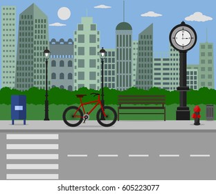 Flat design Cityscape, park with bicycle and street  clock. 