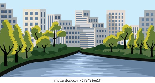 Flat Design Cityscape with River and Green Banks. Central business building with river scenery. Administration building.