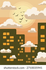 Paisaje urbano de diseño plano al atardecer con pájaros voladores