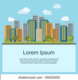 Flat design cityscape. Urban landscape, building and architecture. Modern city ilustration