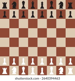 Flat design of a classic chessboard showing the standard initial setup for both black and white pieces on a brown-beige checkered board.