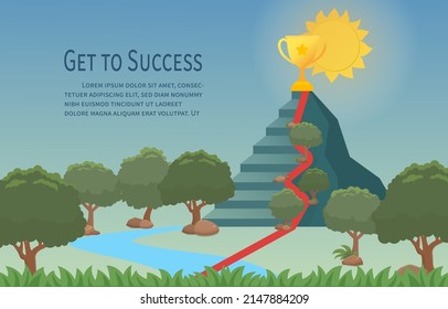 Flat design climbing routes and ladder to success. The journey to success has many obstacles. Business concept mission is complete. Vector illustration Eps10.