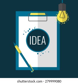 Flat design clipboard, bulb and pen. Idea concept. Vector illustration.