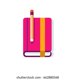Flat design closed notepad with a pencil, notes and to do list. Sketchbook, coloring book or diary mockup. Vector flat illustration.