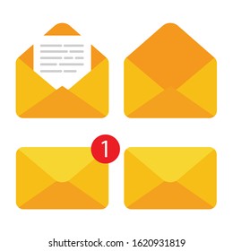 Flat design of closed and open envelope with document in it. Getting or send new letter. E-mail icon isolated. Vector illustration.	